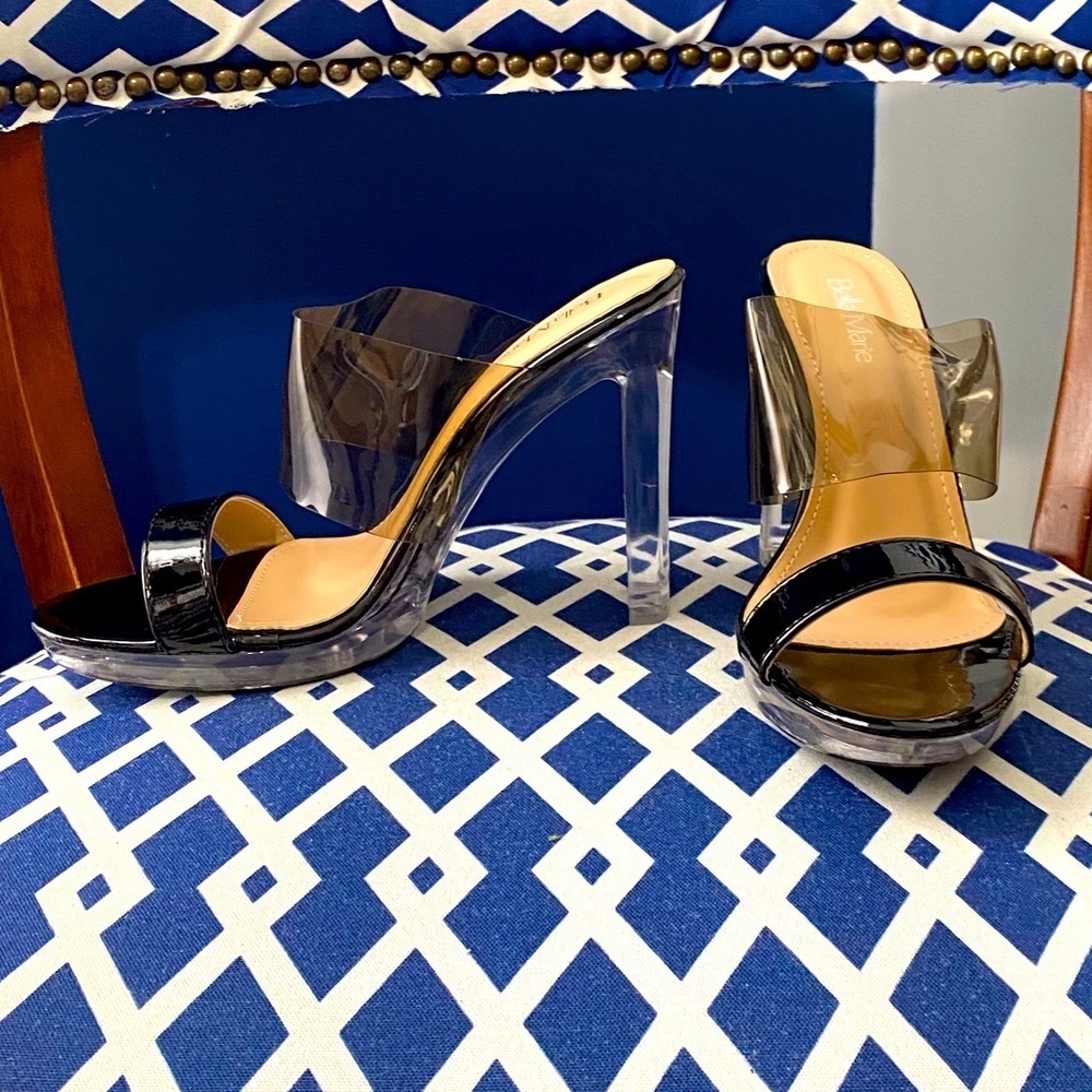 Black and lucite clear two strap mule heels